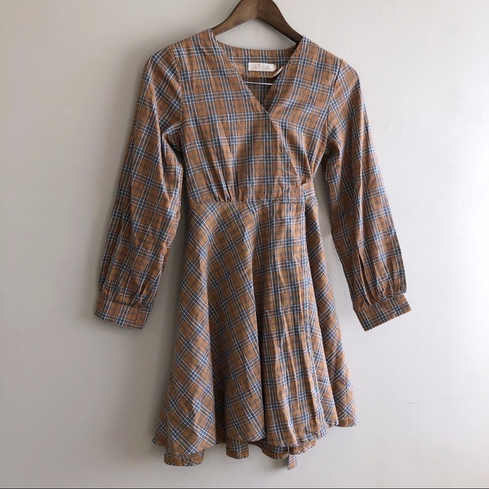 Vintage Plaid Tie Waist Mini Dress Long Sleeve V Neck Fit & Flare Small - Picture 3 of 12
